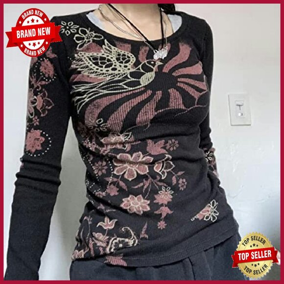 Y2K Fairy Grunge Graphic Long Sleeve Tee Polyester Crop Top - Picture 3 of 7